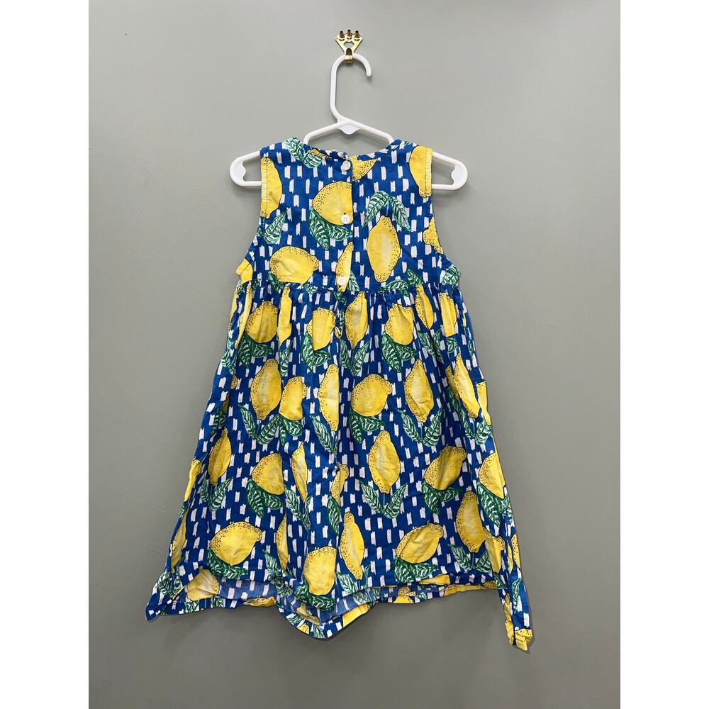 Girls Lemon Print Dress Size 4/5 Blue Yellow Summer Citrus Coastal Cottagecore - Picture 2 of 4